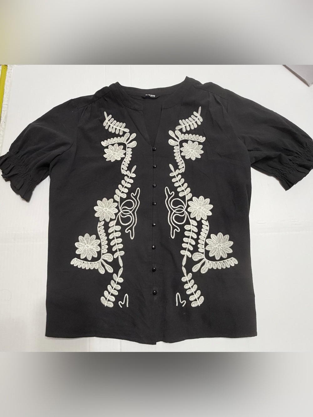 Black Embroidered Short Sleeve Shirt , Approx XL
